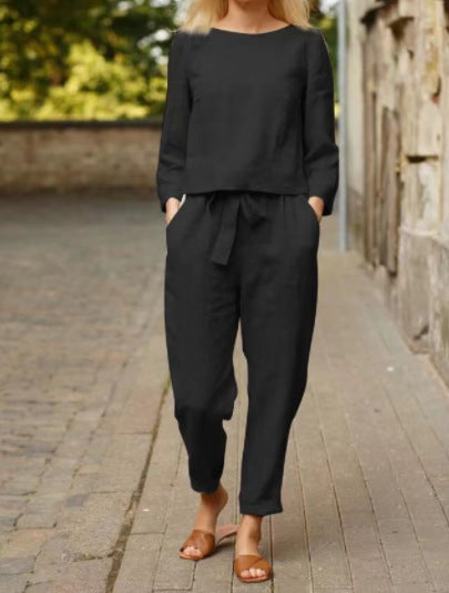 Damen Lässiges Leinen-Loungewear-Set mit Rundhalsausschnitt, Bindegürtel und knöchellanger Hose Shop Nory