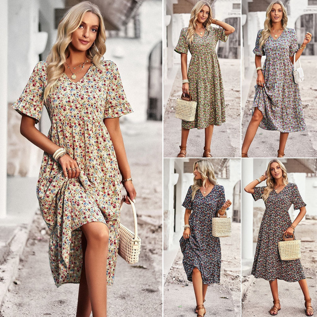 Damen Midi-Kleid mit Floralem Muster und Verspieltem V-Ausschnitt
