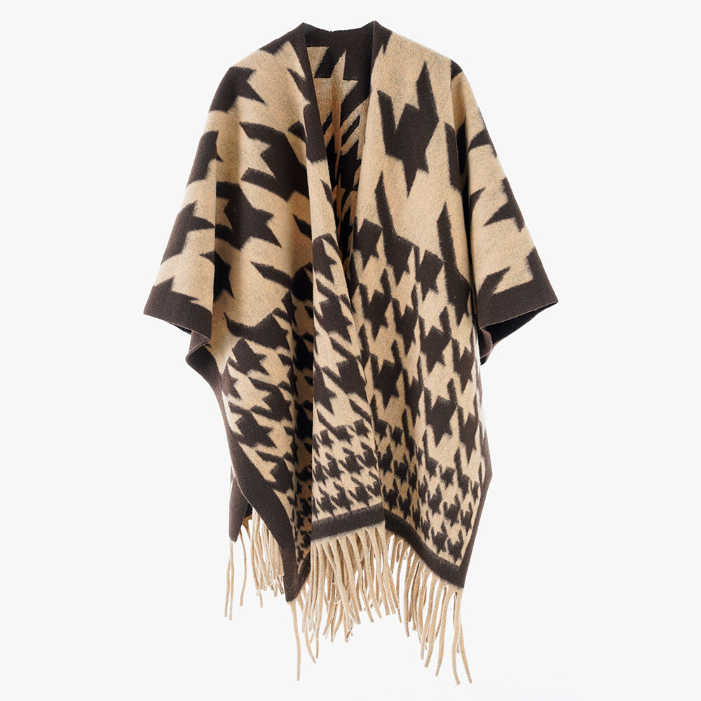 Damen Wollmix-Poncho mit Hahnentritt-Muster und Fransensaum Shop Nory