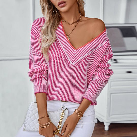 Damen Strickpullover mit V-Ausschnitt und gestreiftem Design Shopnory