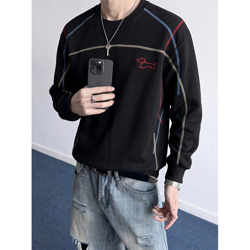 Herren Sweatshirt mit farbiger Ziernaht, gesticktem Hundemotiv und Rundhalsausschnitt Shop Nory