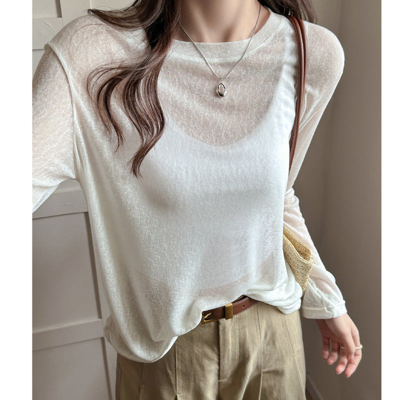 Damen Longsleeve Shirt Aus Leicht Transparentem Material mit Elegantem Fall
