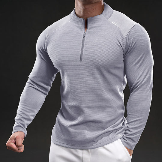 Herren Slim-Fit Sportliches Langarm-Trainingsshirt mit Halb-Reißverschluss und Strukturgewebe Shop Nory