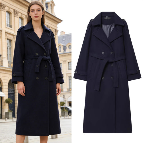 Damen Langer zweireihiger Wollmantel mit Taillengürtel und Schulterklappen Shop Nory