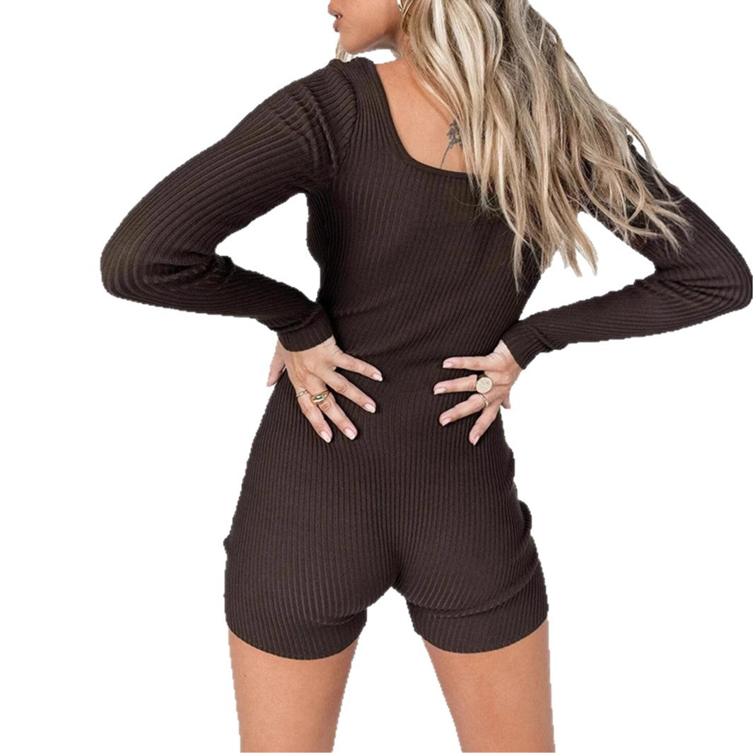 Damen nan figurbetonter Rippstrick-Einteiler mit langem Arm und quadratischem Ausschnitt Shop Nory