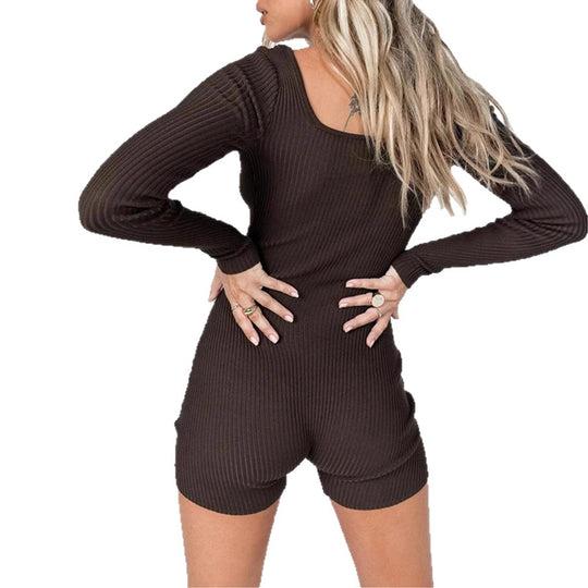Damen nan figurbetonter Rippstrick-Einteiler mit langem Arm und quadratischem Ausschnitt Shop Nory