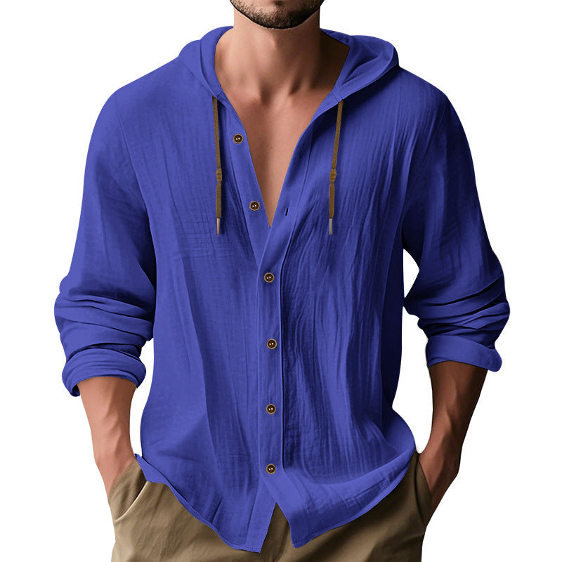 Herren nan leichtes Kapuzenhemdjacke aus Leinenoptik mit durchgehender Knopfleiste