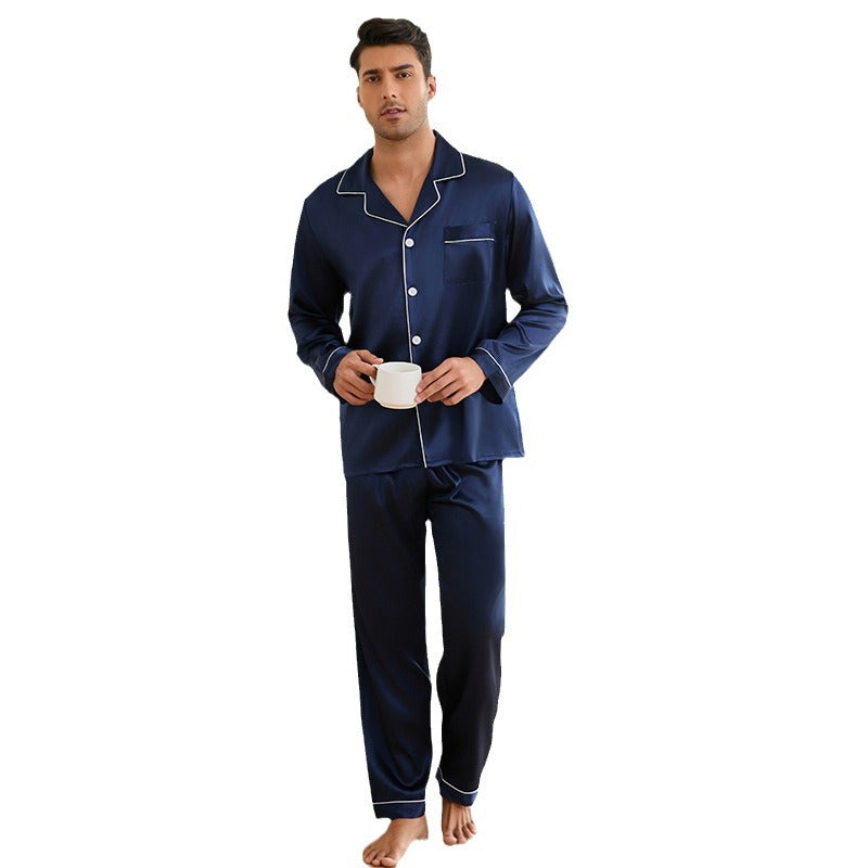 Herren Satin Schlafanzug-Set mit klassischem Kragen und eleganten Kontrastnähten