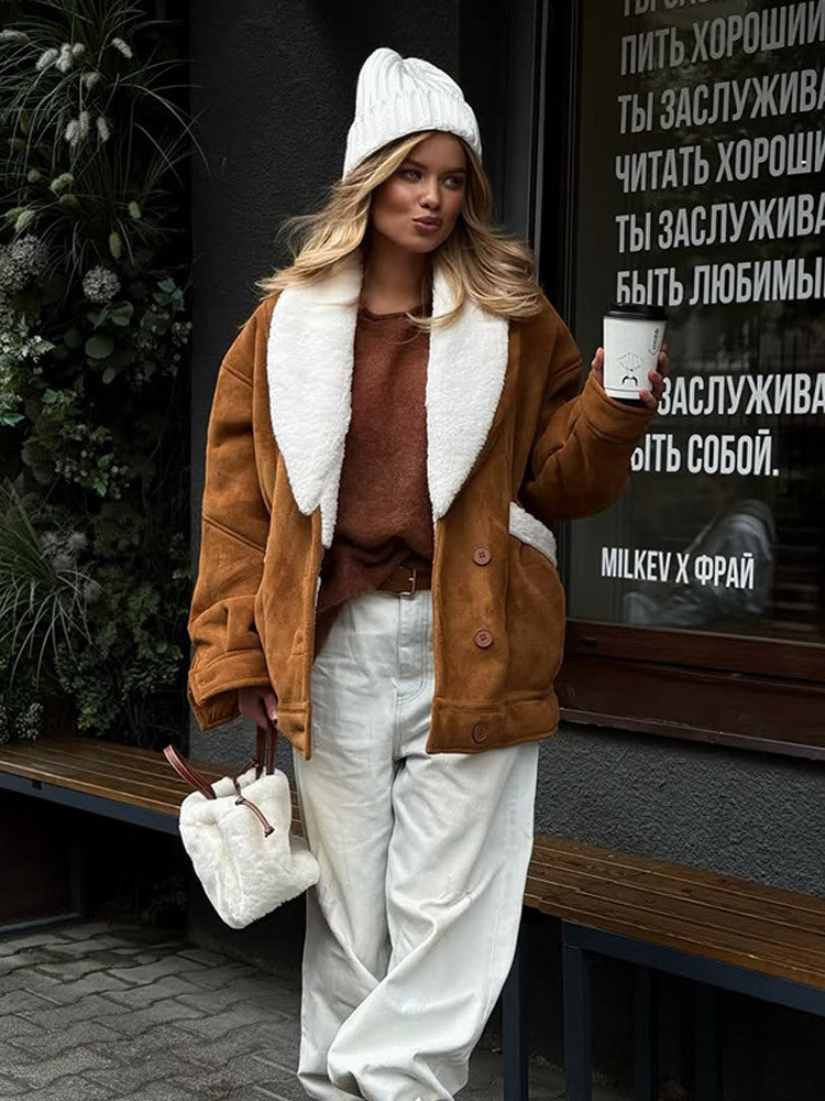 Damen Oversized Lammfellimitat Jacke mit großem Schalkragen Shop Nory