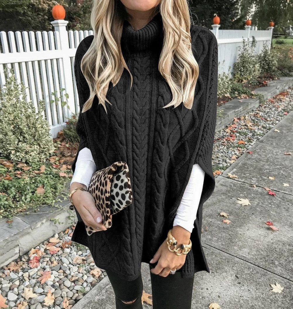 Damen Strickponcho mit hohem Kragen und aufwendigem Zopfmuster