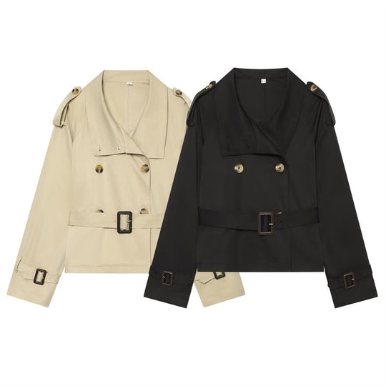 Damen Kurzer Boxy-Trench mit Doppelreiher, Taillengürtel und Schulterklappen Shop Nory