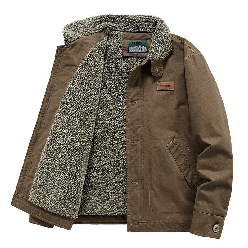 Herren kernige Canvas‑Workerjacke mit voluminösem Sherpa‑Innenfutter und hochschließendem Kragen Shop Nory