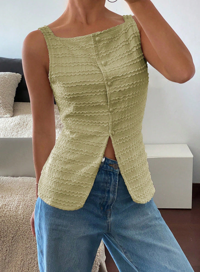 Damen Ärmelloses Struktur-Top mit Zierknopfleiste und Vorder‑Schlitz Shop Nory