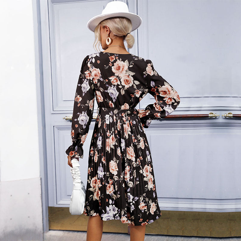 Damen Blumen-Midikleid mit V-Ausschnitt, plissiertem Rock und Taillengürtel Shop Nory