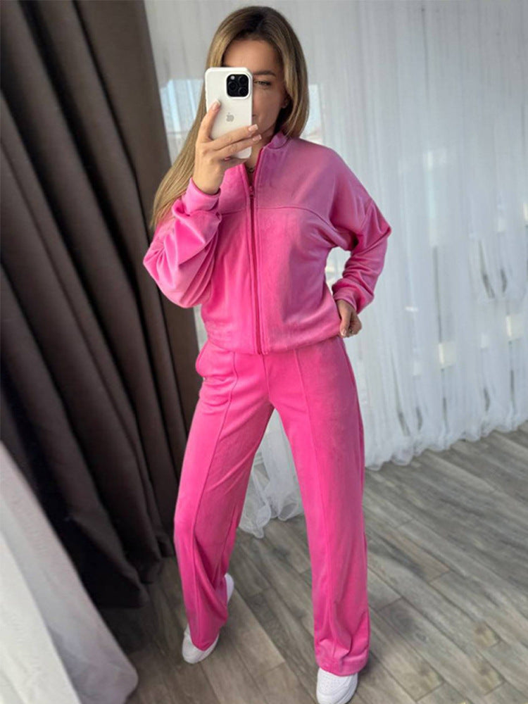 Damen Velours-Trainingsanzug mit Stehkragen und weitem Loungebund-Hosenbein Shop Nory