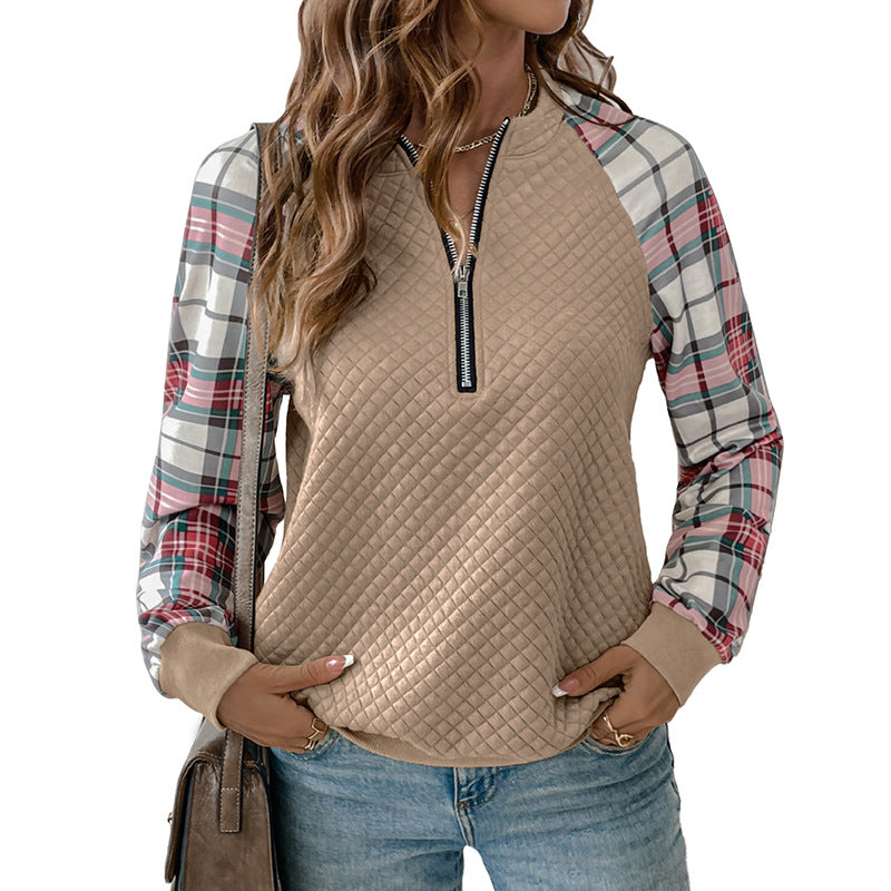 Damen Gesteppter Raglan-Sweatpullover mit halbem Reißverschluss und Karoärmeln Shop Nory