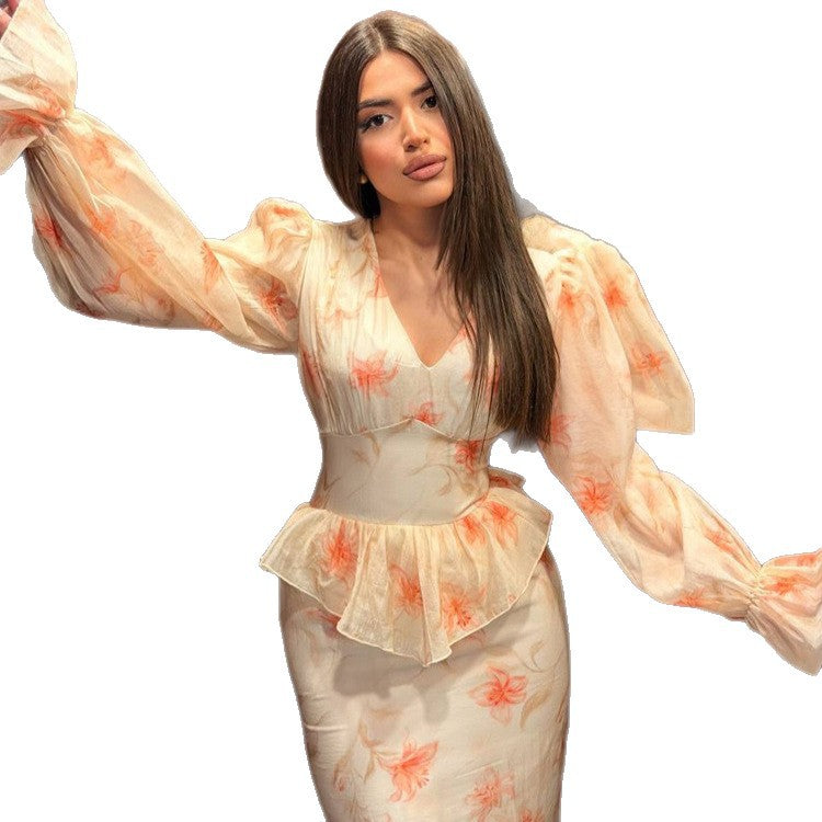 Damen Midaxi-Kleid mit Schößchen, V-Ausschnitt und voluminösen Puffärmeln Shop Nory