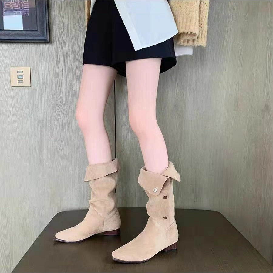 Damen Wadenhohe Velourslederstiefel mit umklappbarer Manschette und spitzer Kappe Shop Nory