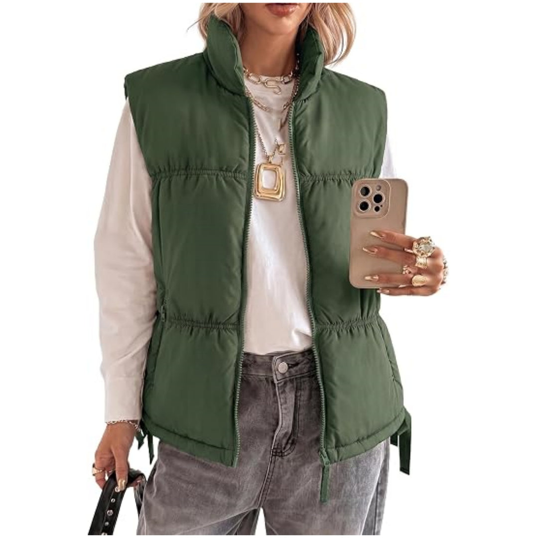 Damen Wattierte Ärmellose Weste mit Stehkragen und Kordelzug Shop Nory