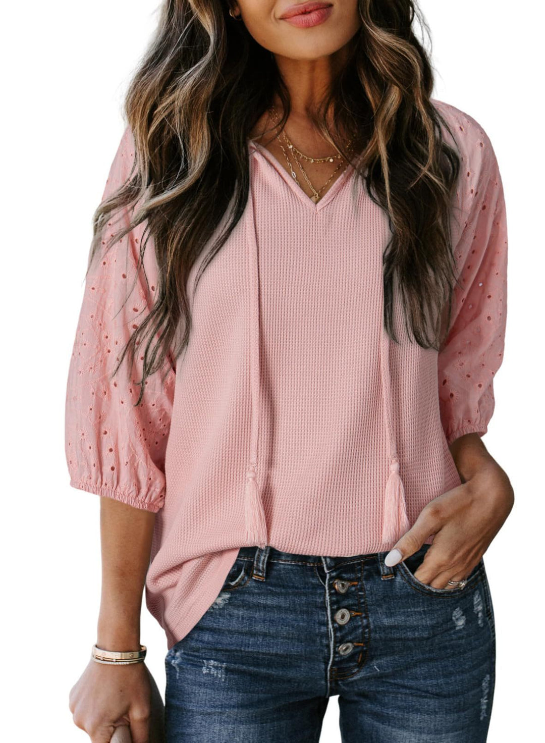 Damen Waffelshirt mit V‑Ausschnitt, Quasten und bestickten Puffärmeln Shop Nory