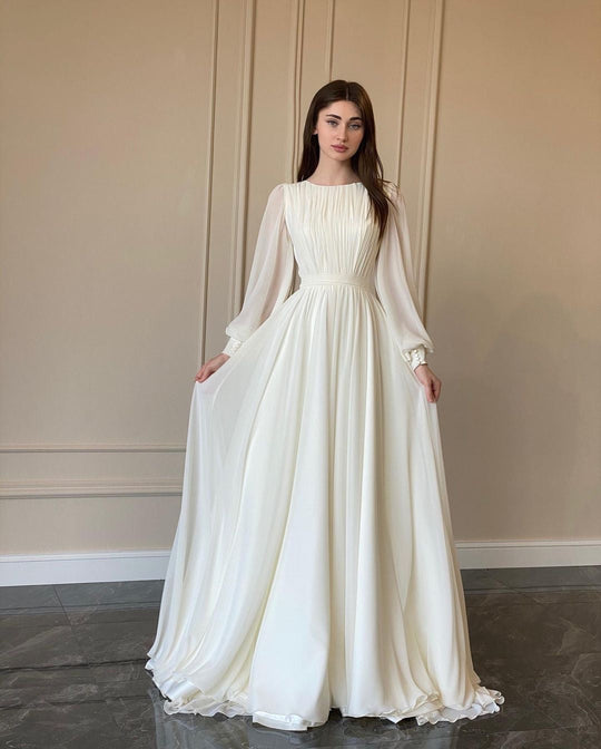 Durchsichtiges Weißes Hochzeitskleid Rundhalsausschnitt Lange Ärmel Kleid