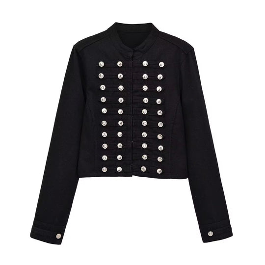 Damen Jeansjacke im Militärstil mit Stehkragen und dekorativen Zierknopfleisten Shop Nory
