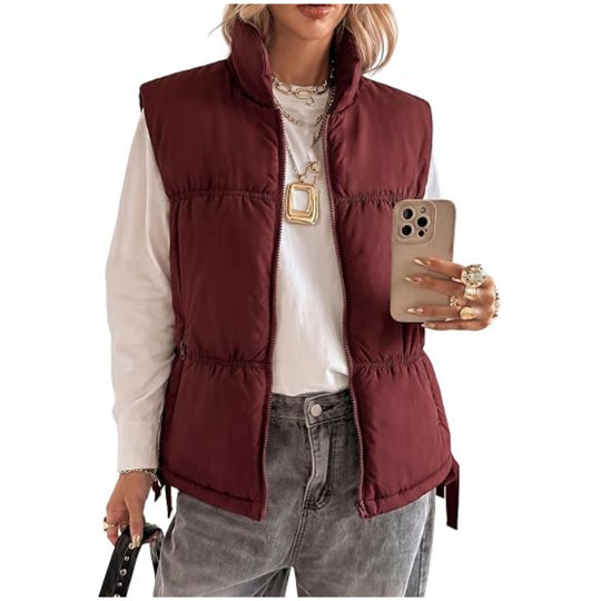 Damen Wattierte Ärmellose Weste mit Stehkragen und Kordelzug Shop Nory