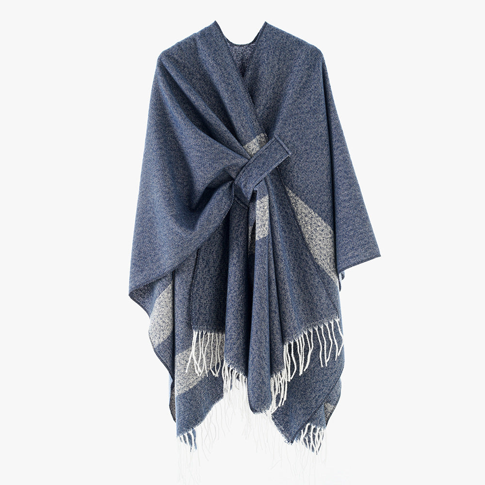 Damen Wollmix-Capeponcho mit Bindeschlaufen, weichgewebtem Oversize-Überwurf und Fransensaum Shop Nory