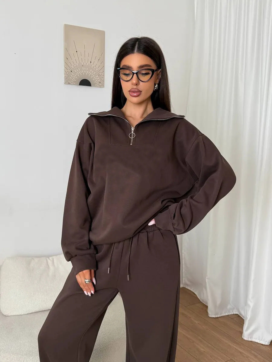 Damen lässiges Sweatset mit halbhohem Reißverschluss Kragen und weitem Jogger Shop Nory