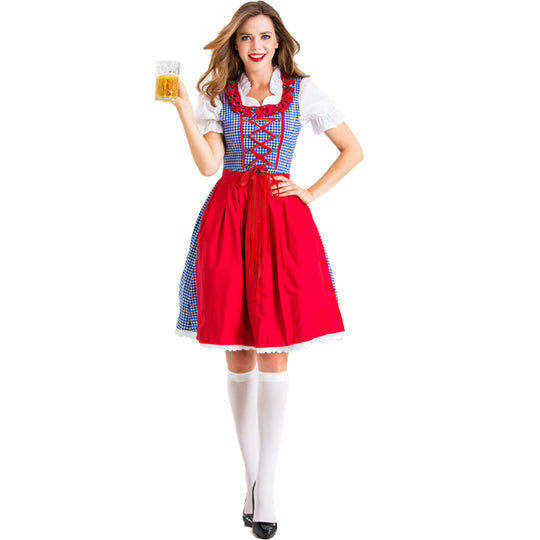 Damen nan Karo-Dirndl mit geschnürter Miederfront, Rüschenkragen und taillierter Schürze Shop Nory