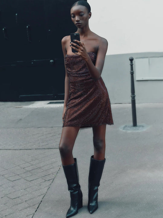 Damen Glitzerndes Cocktailkleid mit schulterfreiem Design und funkelnden Pailletten