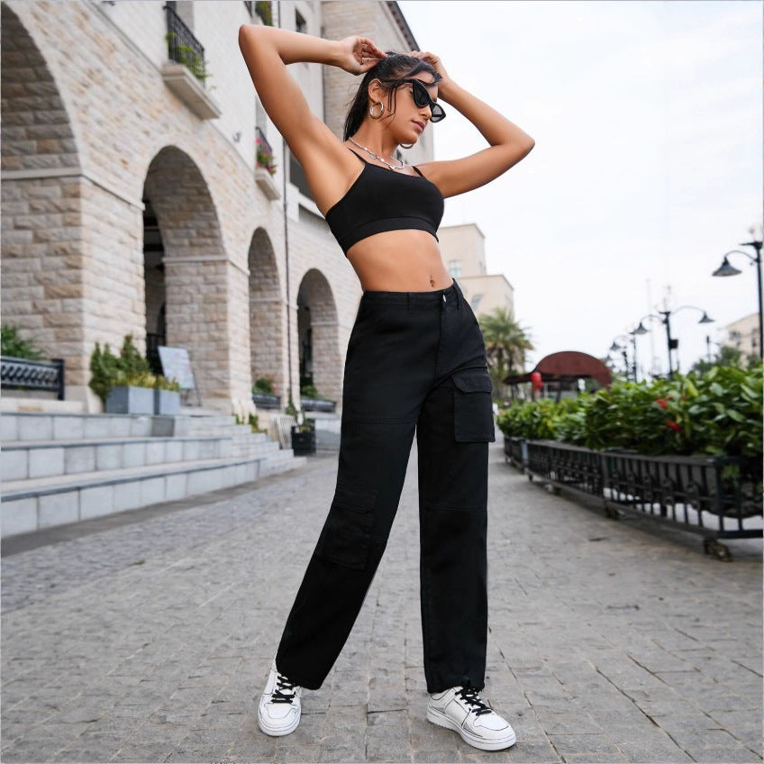 Damen Hochtaillierte utilitaristische Cargo-Hose mit geradem Bein und Mehrfachtaschen Shop Nory