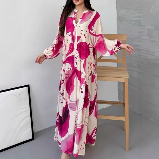Damen Fließendes Stufenkleid mit Stehkragen, Ballonärmeln und Knopfleiste Shop Nory
