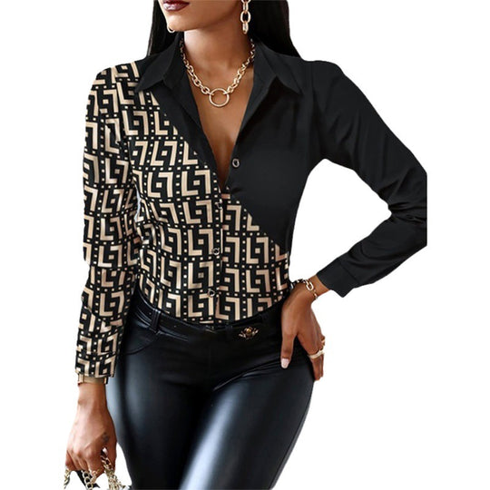 Damen taillierte Hemdbluse mit geometrischem Print und asymmetrischer Kontrastblende Shop Nory