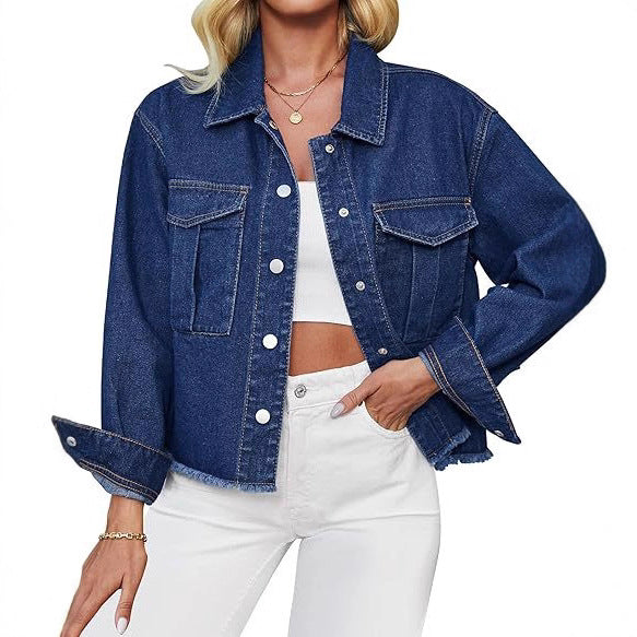 Damen Kurz geschnittene Oversize-Jeansjacke mit rohem Saum und aufgesetzten Brusttaschen Shop Nory