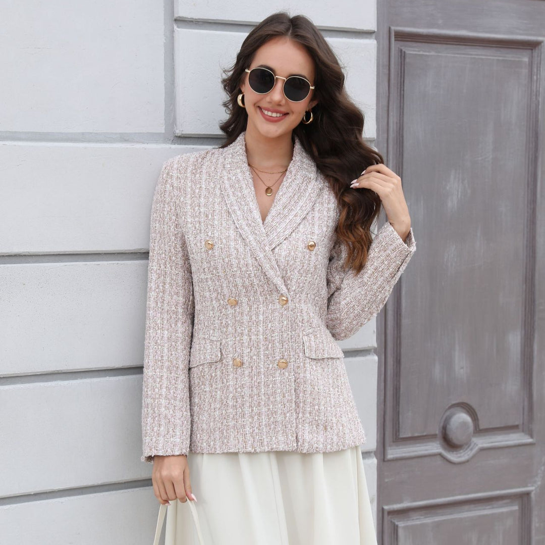 Damen Doppelreihiger Bouclé-Blazer mit Schalkragen, taillierter Silhouette und Zierknöpfen Shop Nory