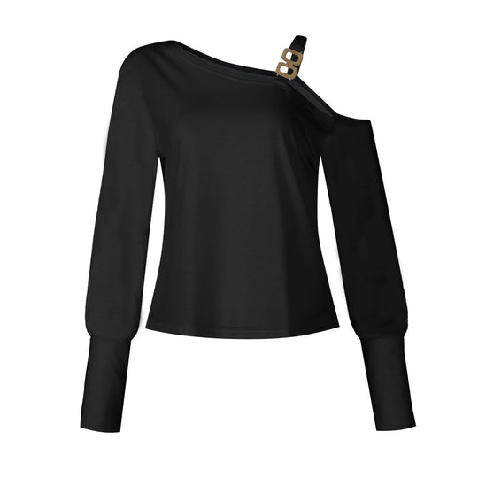 Damen Asymmetrisches Off-Shoulder Shirt mit Ziergurt und Ballonärmeln Shop Nory