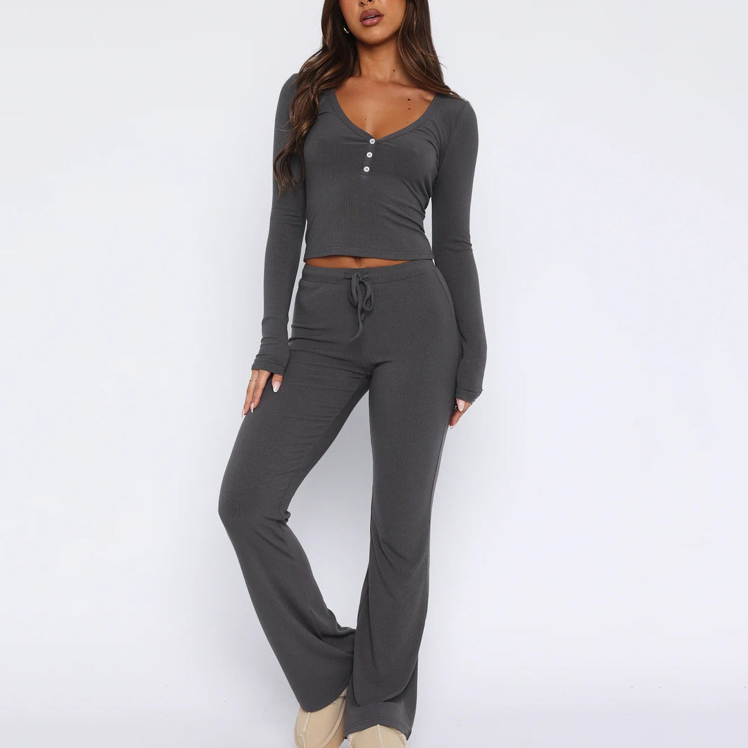 Damen gemütliches Lounge-Set mit langem Oberteil und flared Hose