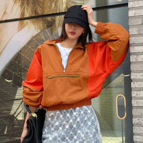 Damen Kurz geschnittene zweifarbige Halbzip-Utility-Jacke mit elastischem Saum und Reißverschlusstasche Shop Nory