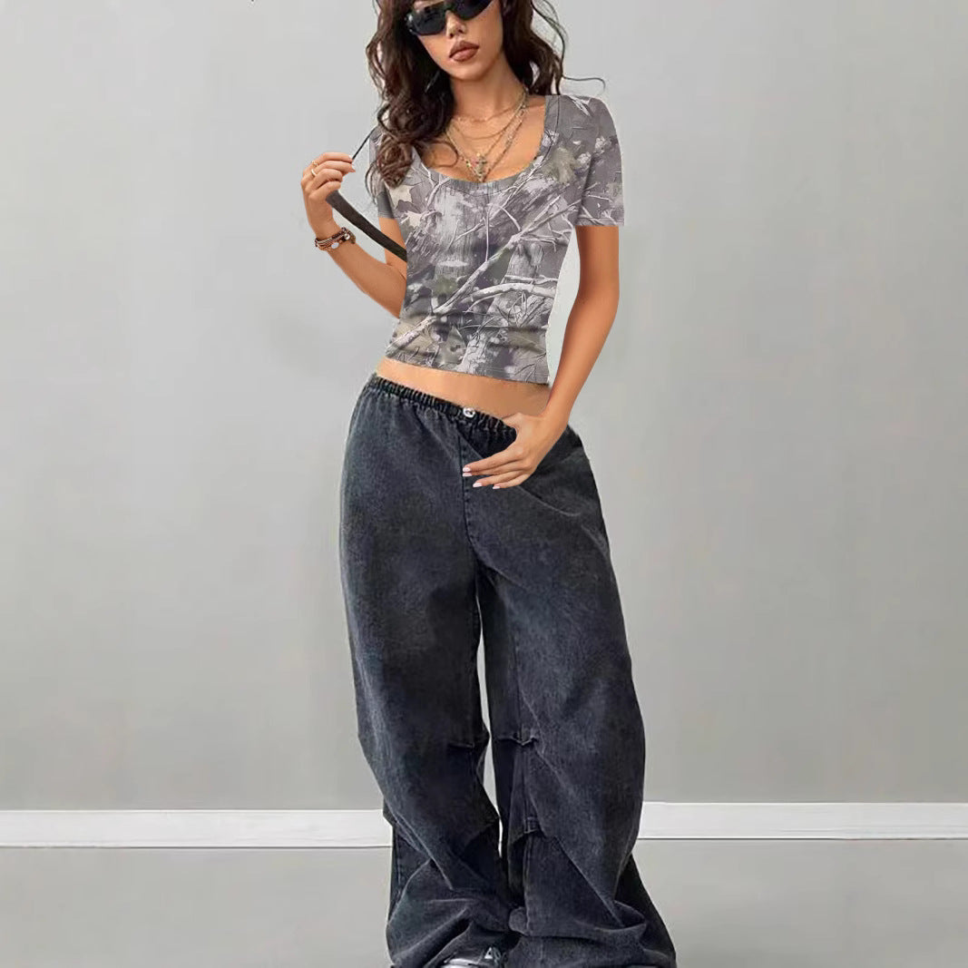 Damen Camouflage T-Shirt mit modischem V-Ausschnitt Shopnory