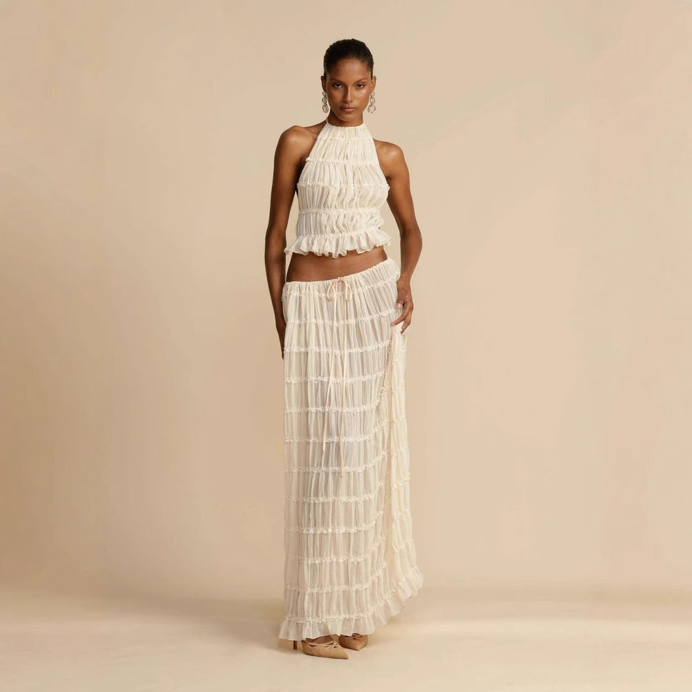 Damen Elegantes und verspieltes Zweiteiliges Sommerkleid mit gerafftem Oberteil und fließendem Rock