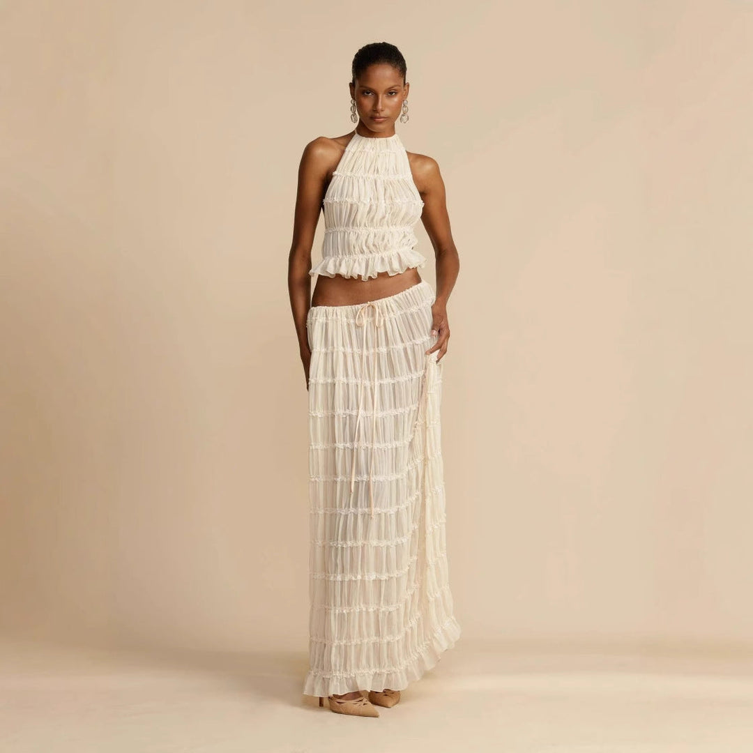 Damen Elegantes und verspieltes Zweiteiliges Sommerkleid mit gerafftem Oberteil und fließendem Rock