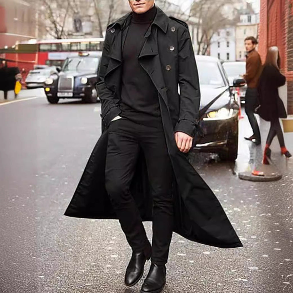 Herren langer Trenchcoat mit modernem Schnitt und praktischen Taschen