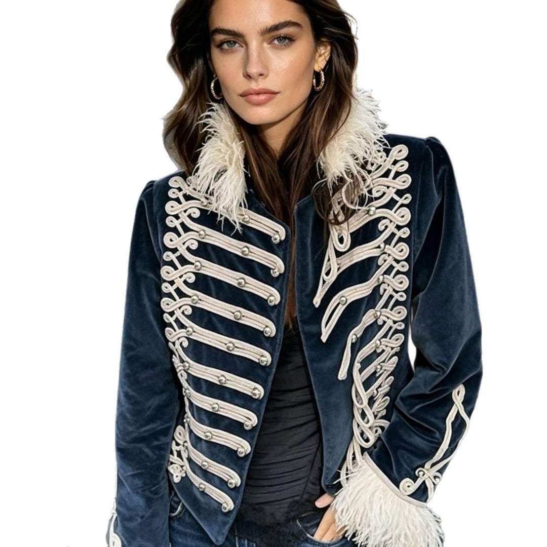 Damen Samt‑Militärjacke mit Zierriegeln und Federbesatz Shop Nory