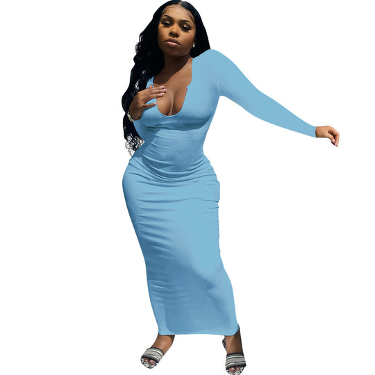 Damen Figurbetontes Rippenstrick-Maxikleid mit tiefem U-Ausschnitt und langen Ärmeln Shop Nory
