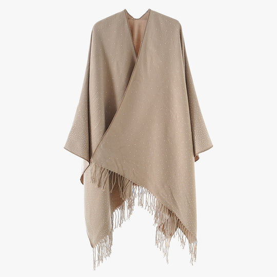 Damen Strickponcho mit Fransen und dezentem Schimmerbesatz Shop Nory