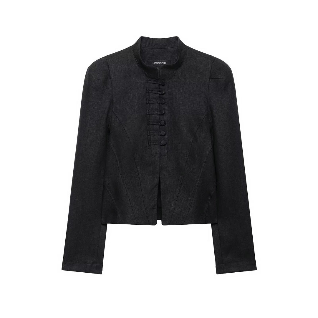 Damen Kurzblazer im Korsettstil mit Stehkragen, Zierknotenschließe und taillierter Teilung Shop Nory