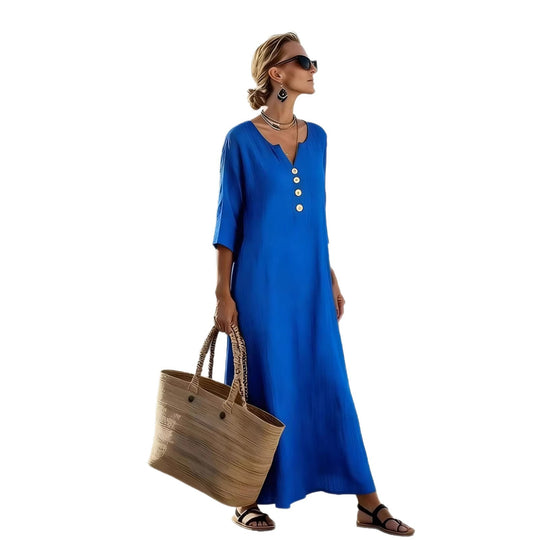 Frauen Relaxed V-Ausschnitt Knopf-Front Maxi Kaftan Kleid Shop Nory