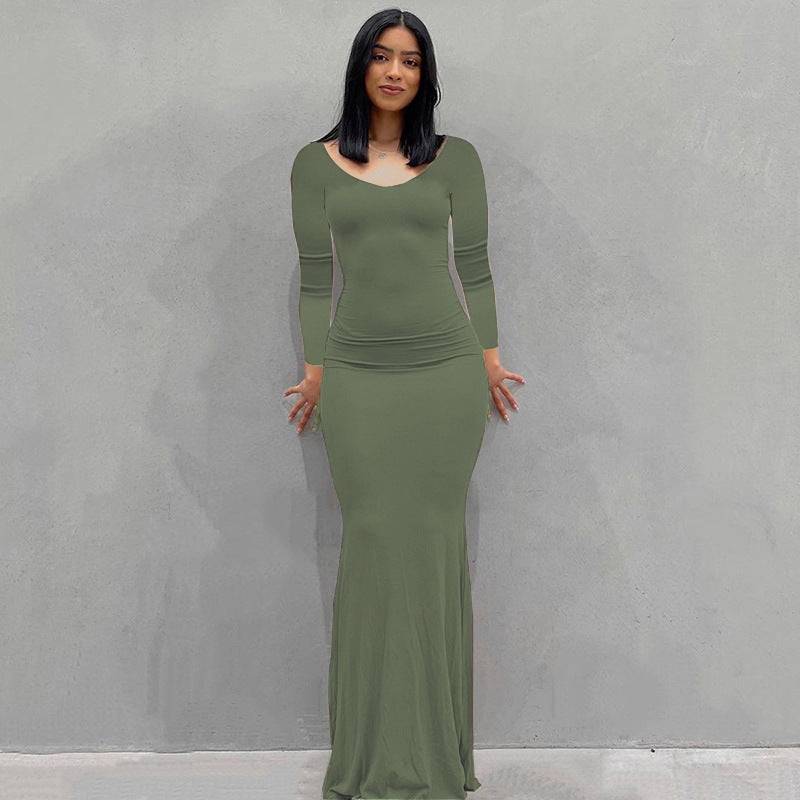 Damen Körperbetontes Maxi‑Jerseykleid mit taillierter Drapierung, langen Ärmeln und ausgestelltem Saum Shop Nory