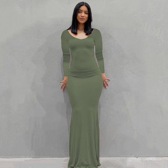Damen Körperbetontes Maxi‑Jerseykleid mit taillierter Drapierung, langen Ärmeln und ausgestelltem Saum Shop Nory